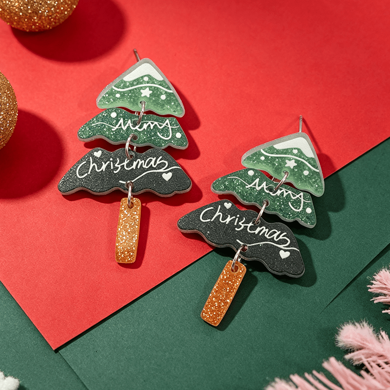 Multi-Layer Green Christmas Tree Earrings, Festive Gift
